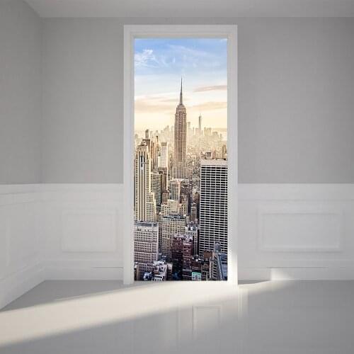 New York Street Scene With A 3D Sunset DIY Door Wall Stickers Home Decor Living Room Porch Art Mural Self-adhesive PVC Wallpaper