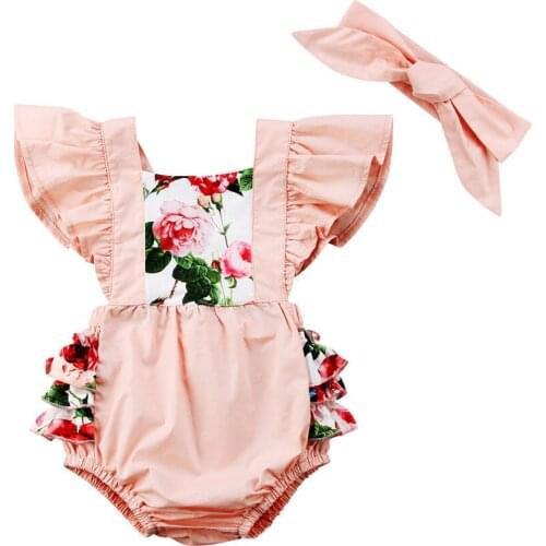 2019 New Summer Children Kids Newborn Romper Baby Girls Flower Jumpsuit Pink Romper Bodysuit+ Headband Outfits Sunsuit drop ship