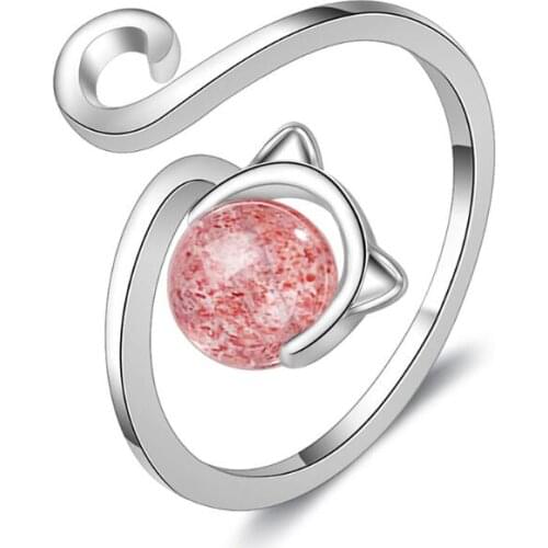 New Cute Cat Strawberry Crystal Opening Geometric Rings For Women Femme Jewelry Party Gift Anillos SAR69