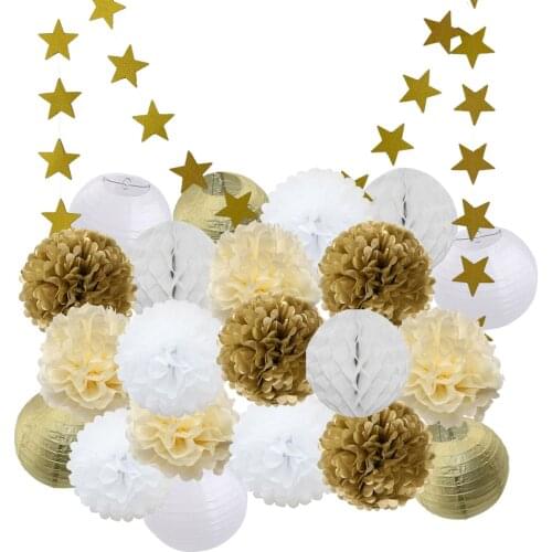 New 22 Pieces Mixed Gold Silver Set Hanging Paper Crafts Round Lantern For Wedding Party Birthday Baptism Christmas Decoration