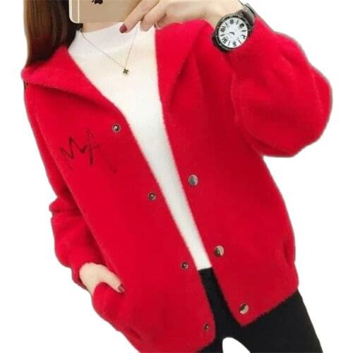 2021 Autumn Winter Thickened Sweater Jacket Women Loose Hooded Ladies Knitted Cardigan Imitate Mink Fleece Keep Warm Overcoat D