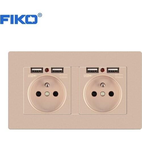FIKO PC panel 16A 2Gang EU French socket family hotel, wall standard with dual usb 146*86mm Household outlet 4 charge port