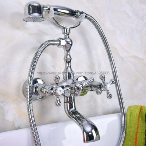Polished Chrome Telephone Style Wall Mounted Bathtub Faucet Set Dual Handles with Handshower Bna185