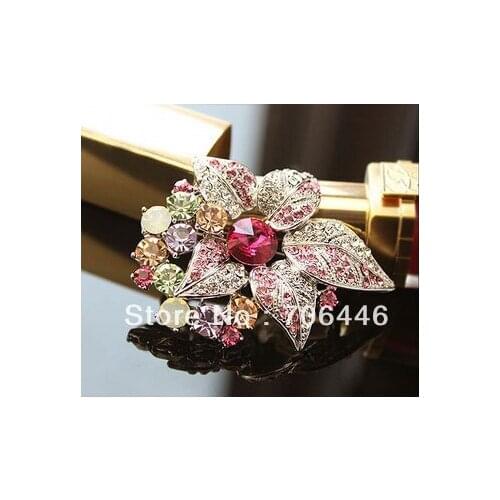 Rhodium Silver Plated Hot Pin Rhinestone Crystal Leaf and Flower Design Brooch