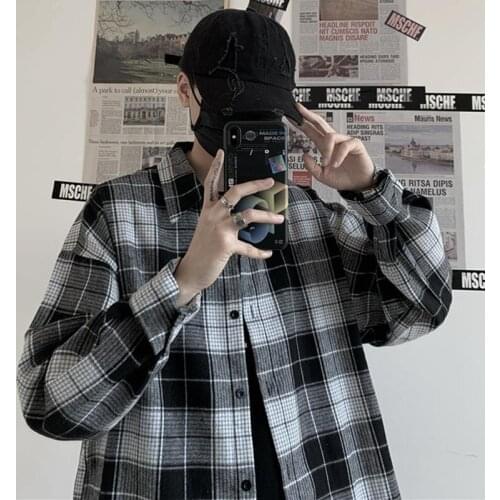 Fashion Japanese Retro Polyester Wild Plaid Shirt Long Sleeve Loose Casual Harajuku Oversized Button Up Shirt Couple Clothing