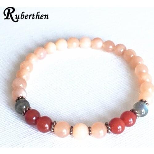 Ruberthen Genuine 6 mm Sunstone Bracelet Women`s Labradorite Crown Chakra Bracelet Designer Reiki Yoga Mala Bracelet