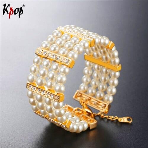Kpop Wide Simulated Pearl Bead Bangle Bracelet Elegant Woman Clear Rhinestone Gold Color High Quality Jewelry Bracelet H2552