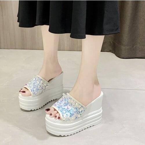 2021 Summer Womens Shoes Sequined Sandals Womens Wedge 12cm Platform Muffin Peep Toe Shoes