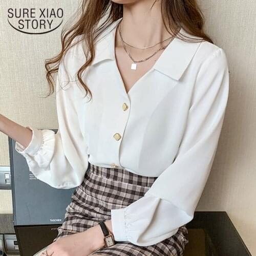 2021 Spring Long Sleeve V-neck Chiffon Blouse White Tops Women Super Fairy Office Lady Shirt and Blouses Chemisier Femme 10685