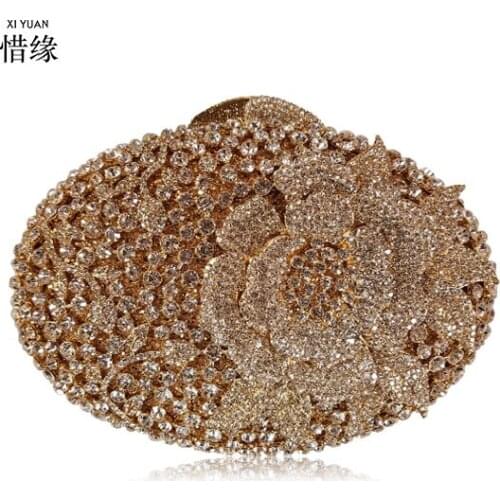 XIYUAN BRAND Silver Crystal Women Evening Purse Wedding Bag Metal party Minaudiere Flower Clutch Handbag for girl birthday gifts