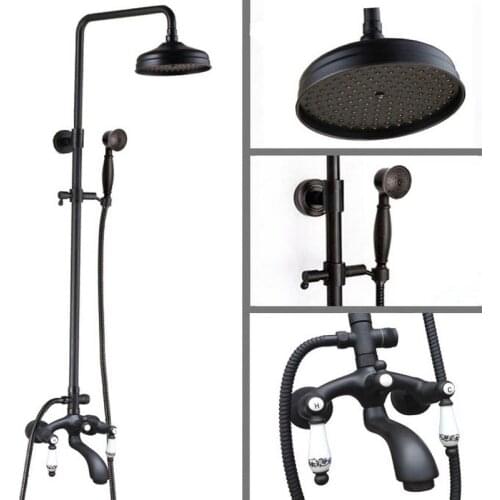 Black Oil Rubbed Bronze Wall Mounted Bathroom 8 Inch Rainfall Shower Faucet Set Bath Tub Water Tap Dual Ceramics Handles ahg131