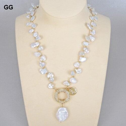 GG Jewelry Natural Freshwater Cultured White Keshi Pearl Choker Necklace Coin Pearl Charm Pendant 18" For Women