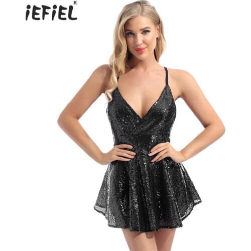 Deep V Neck Summer Black Sequined Backless Sexy Dress Women Off Shoulder Mini Dress Sexy Party Clubwear Bodycon Strap Dresses