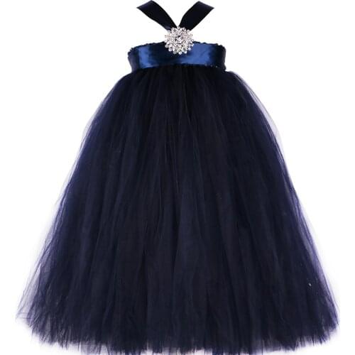 Cream White,Navy Blue Flower Girl Dress With Diamond Elegant Children Girls Tutu Dress Princess Kids Girls Wedding Evening Dress
