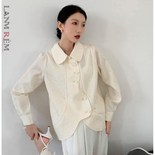 LANMREM Rose button elegant beige turn-down collar fashionable long-sleeved embroidered all-match shirt autumn for women 2A1222