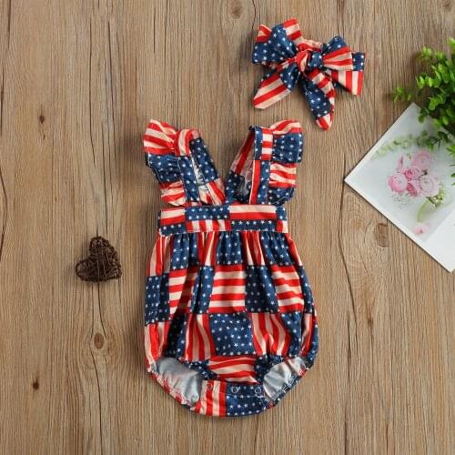 Summer Baby Girls Casual Ruffle Fly Sleeve Bodysuit Cute Independence Day Print Bandage Jumpsuits and Headband