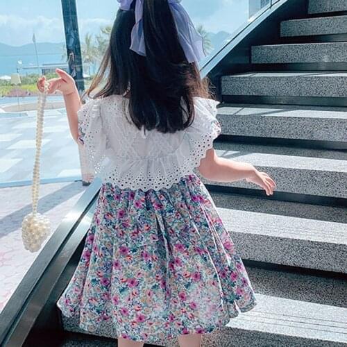 Summer Girls Dress Sweet Big Lace Collar Flower Puff Sleeves Back Strap Dress Baby Kids Clothes ChildrenS Clothing