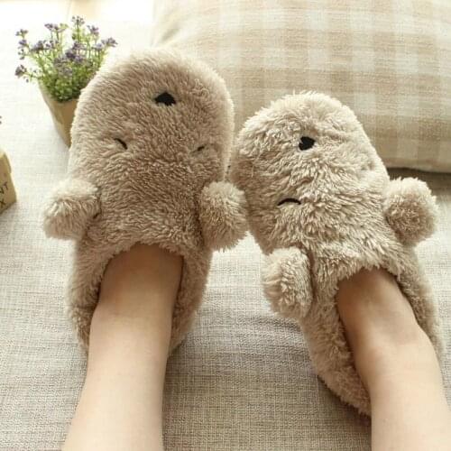 Millffy lovely big size cartoon bear winter indoor floor slip home warm plush slippers with heel shoes women sleep bear slipper