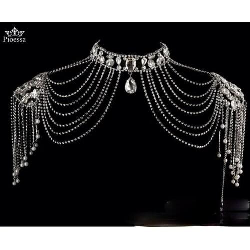 Trendy Handmade Shoulder Necklace Rhinestone Crystal Bridal Jewelry Pearl Women Pageant Prom Wedding Shoulder Jewelry Chain