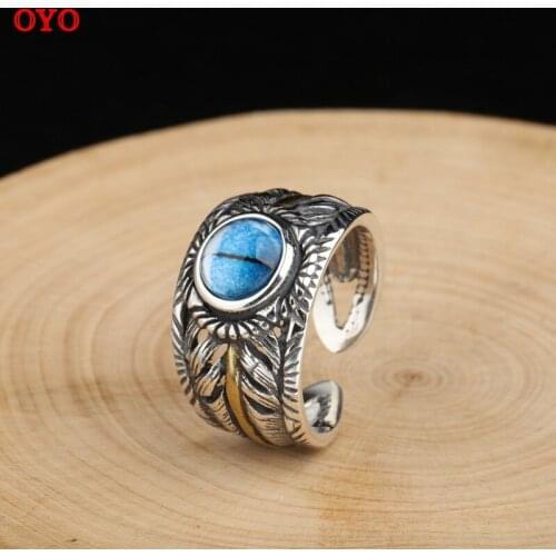 100%S925 sterling silver retro distressed open ring men and women Thai silver Japanese and Korean personality inlaid