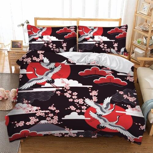 Crane Printed Bedding Set Bed Comforter King Size Cherry Blossom Queen Size Duvet Cover High Quality Bed Linen