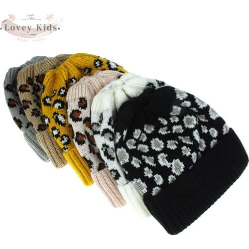2020 Autumn Winter Baby Girl Toddler Cute Knitted Warm Hat Fashionable Leopard Print Pattern Plush Windproof Wool Cap
