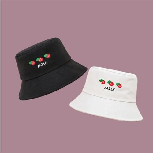 Cotton Fruit Strawberry Embroidery Bucket Hat Fisherman Hat Outdoor Travel Hat Sun Cap Hats for Men and Women 69