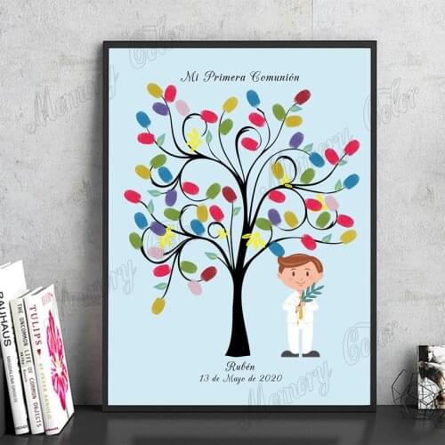 Custom Name Date Canvas Print Fingerprint DIY Signature Guest Book For Kids Baptism Boys Girls First Holy Communion Decoration