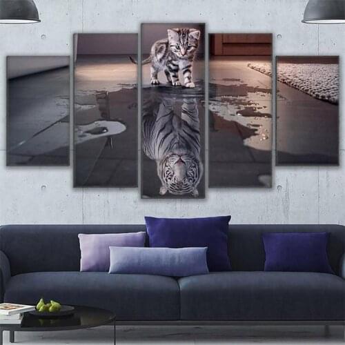 Wall Art Frame For Home Living Room Nordic Decoration 5 Panel Painting Animal Cat New Canvas Tiger Modular Picture Poster