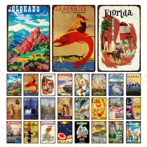 Retro City Florida Tin Sign Metal Plate Iron Landscape Poster Travel Wall Bar Restaurant Home Art Craft Decor Shabby Chic