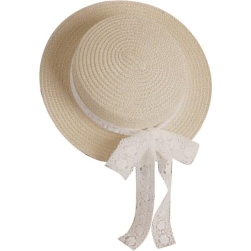 Toddler Kids Baby Summer Woven Straw Sun Hat with Lace Ribbon Bowknot Floppy Wide Brim Sunscreen Protection Beach Cap with Y1AC