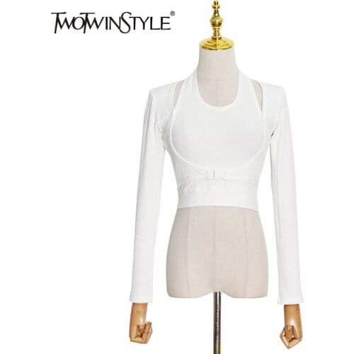 TWOTWINSTYLE Patchwork White Cut Out Casual T Shirts For Female Round Neck Long Sleeve Solid Minimalist T Shirt Womens 2021 New
