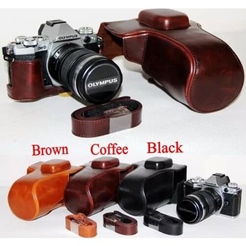 Vintage Leather Camera Video Bag Case Hard Case For Olympus E-M5 II EM5 Mark II 12-50 mm Lens Coffee Brown Black With Strap