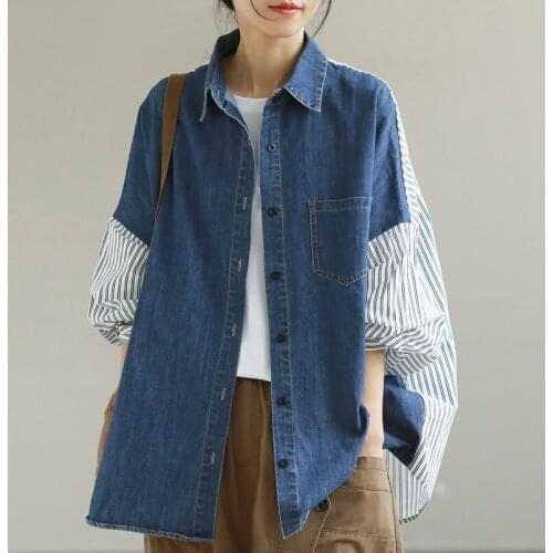 Johnature Women Denim Shirts Turn-down Collar Stripe Patchwork Long Sleeve Pocket Blouse 2021 Autumn New Casual Fashion Shirts