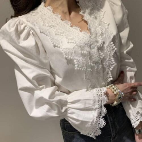 OL Office Lady Casual V-Neck Shirts 2021 Sweet Chic Patchwork Lace Flare Sleeves Warm All-Match Stylish Blouses