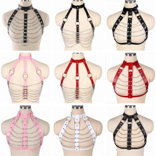 Hollow Bra Punk Leather Tops Metal Chain Gothic Style Harness For Women Belt Waist Size Suspender Costume Lingerie Pole Dance