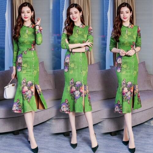 2019 Autumn Winter new women long floral Dress Elegant lady O Neck long sleeve chinese style flowers party suede dress