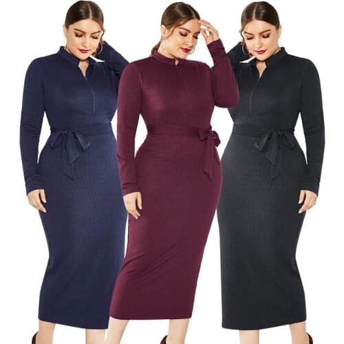 Stand Collar Long Sleeve Sashes Zipper Stretchy Slim Midi Dress Autumn Winter Plus Size Women Solid Casual Elegant Office Ladies