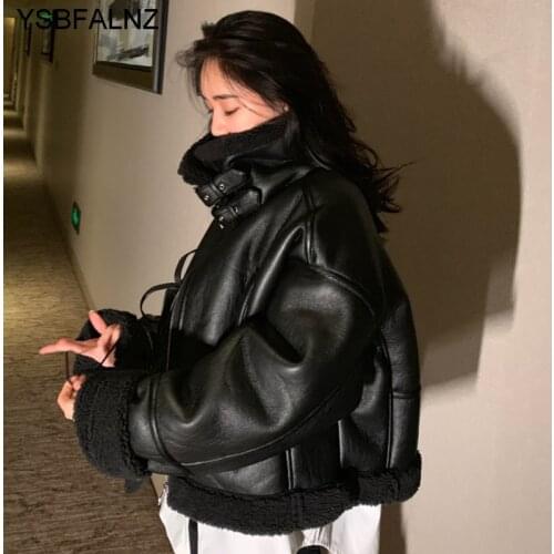 Women Winter Faux Pu Coat 2021 Lambswool Fleece-lined Thick Stand Motorcycle Bomber Short Fur Leather Black Jacket Abrigos Mujer