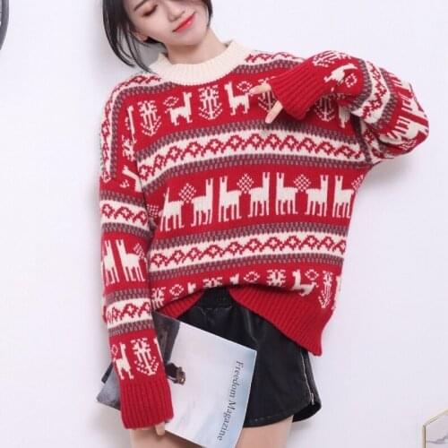 Winter Women Christmas Sweater with Deer Jacquard Korean O-neck Long Sleeve Pullover Thicken Warm Loose Casual knitted Sweaters