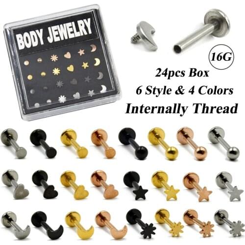 24pcs Stainless Steel Shaped 16G Labret Lip Ring Monroe Stud Body Retainer Tragus Cartilage Ear Helix-Star Moon Heart Sun Ball