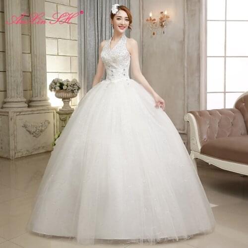 AnXin SH princess flower lace white party vintage v neck beading crystal sleeveless ball gown lace up wedding dress