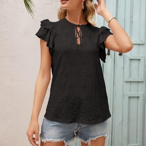 Summer Blouses Womens Blouse Hollow Out Ruffle Short Sleeve Lace Up Black Shirts Casual Black Loose Tops Womens Clothing 2021