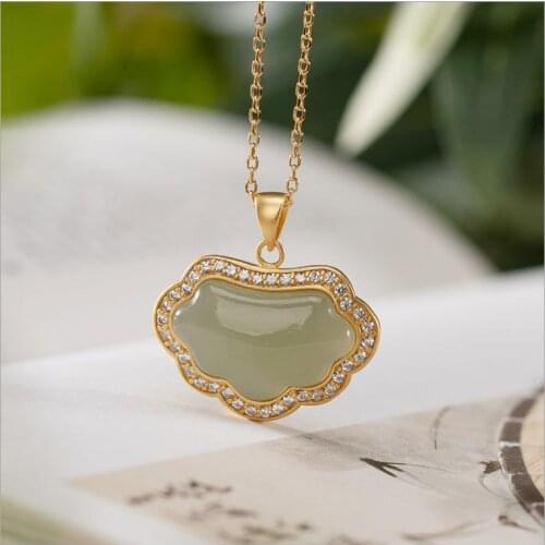 Gray Jade Lock of Good Wishes Pendant S925 Sterling Silver Gold-Plated Diamond Hetian Jade Necklace with Pendant Palace Style
