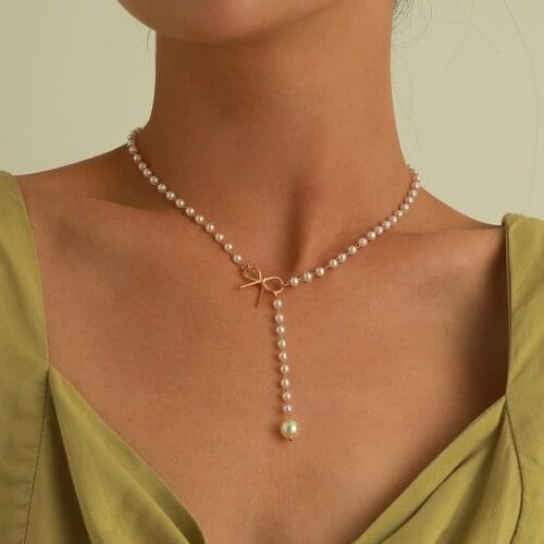 Trending Elegant Alloy Bowknot Pearl Pendant Necklaces for Women Fashion Geometric Chains Clavicle Necklace Colar Jewelry Gift