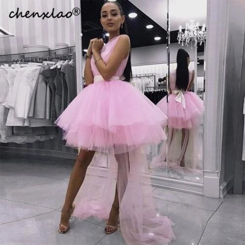 Chenxiao Tiered Pink Prom Dresses O Neck Sleeveless High Low Simple Tulle With White Bow Belt Lovely Robe De Soiree