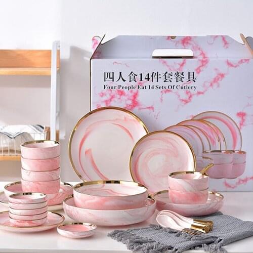 Four People Eat Pink Marble Ceramic Dinner Dish Rice Salad Noodles Bowl home dish soup bowl taste dish rice bowl Dinnerware Sets