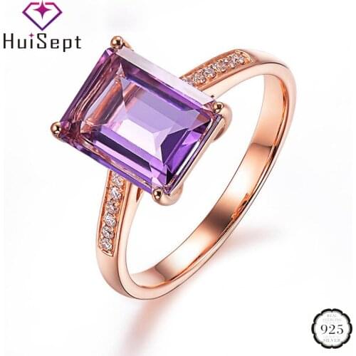 HuiSept Elegant Women Ring Silver 925 Jewelry Rectangle Shape Amethyst Gemstone Zircon Open Rings Ornament for Wedding Wholesale
