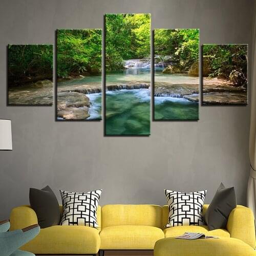 Canvas Paintings Wall Art Framework Home Decor 5 Pieces Green Forest Trees Lake Flowing Water Pictures Prints Landscape Posters