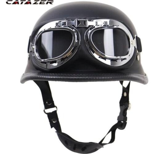 Classic Locomotive Retro Helmet German Helmet Motorcycle Helmet Outdoor Riding Bicycle Half Helmet with Glasses 5 Sizes Black